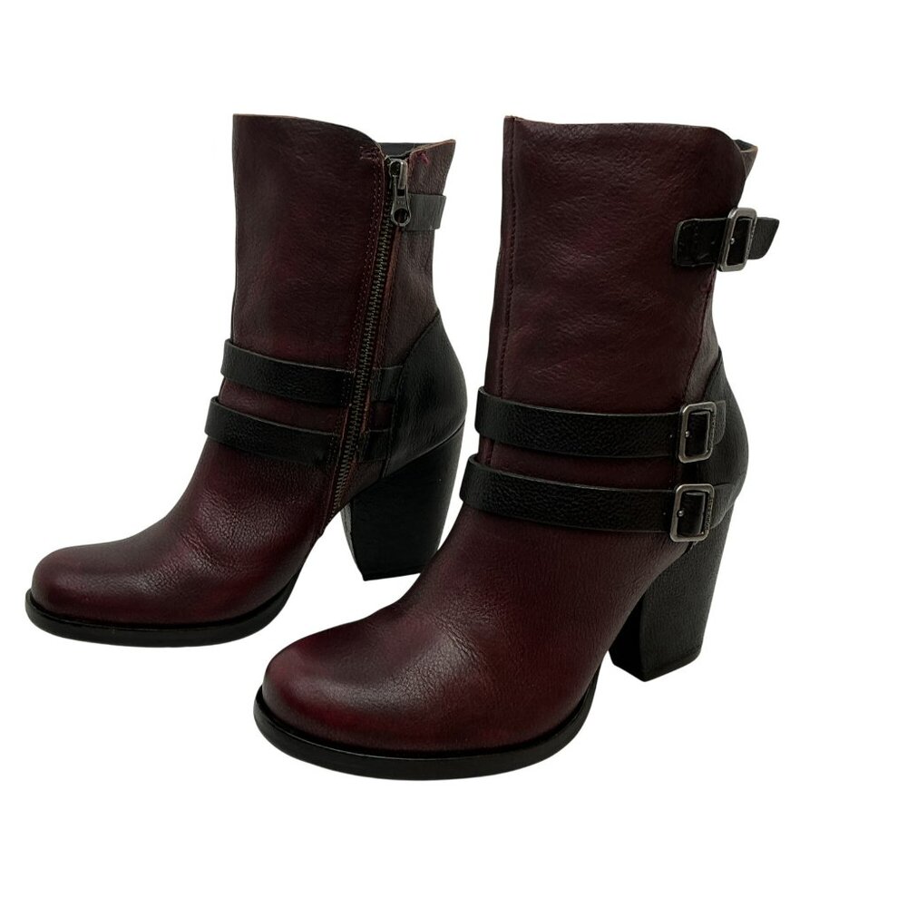 Kork-Ease Triple Buckle Moto Western Leather Ankle Boots Womens 7M Burgundy Blac